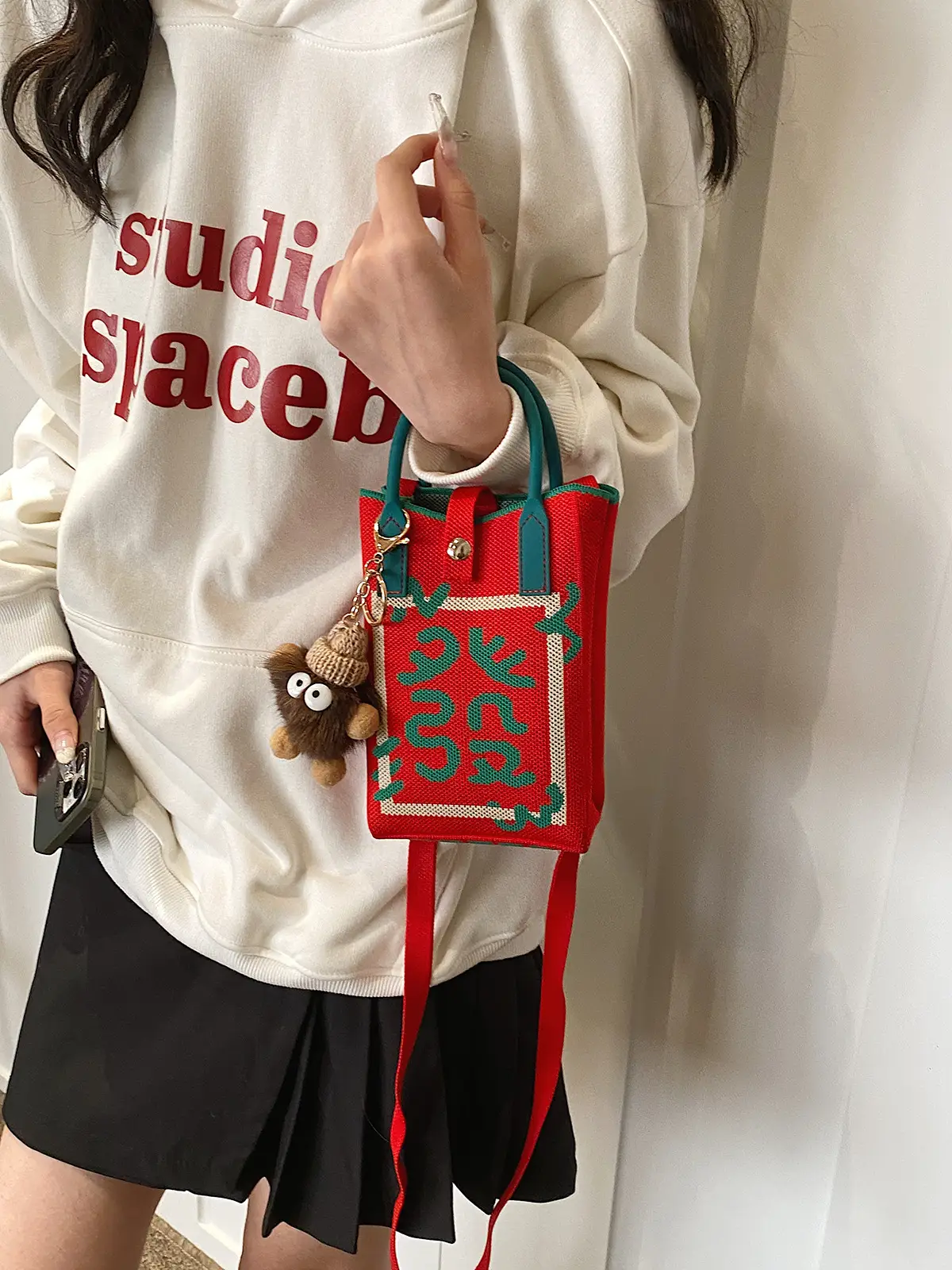 Women Red Envelope Messenger Bag with Doll Keychain - Image 12