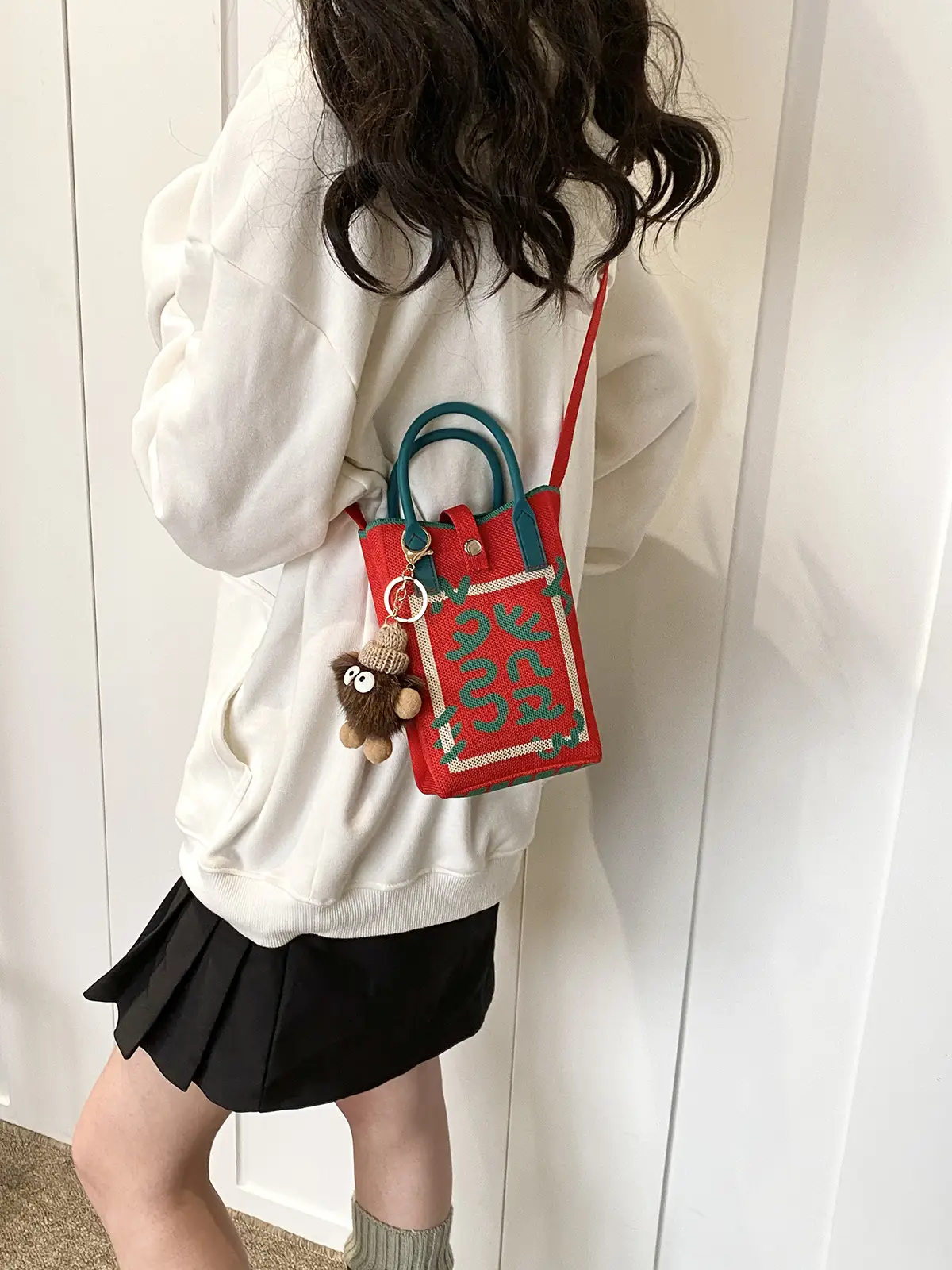 Women Red Envelope Messenger Bag with Doll Keychain - Image 6