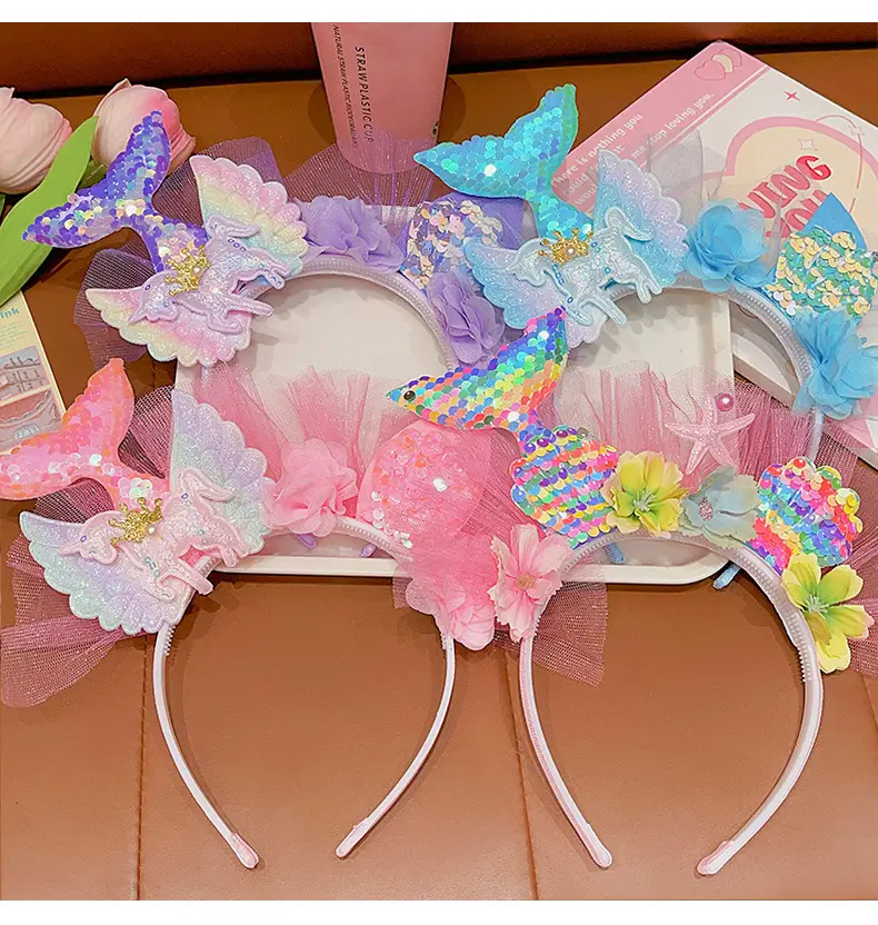 Girls Fish Tail Hairpin Headbands with Sequins & Flowers — feature 11