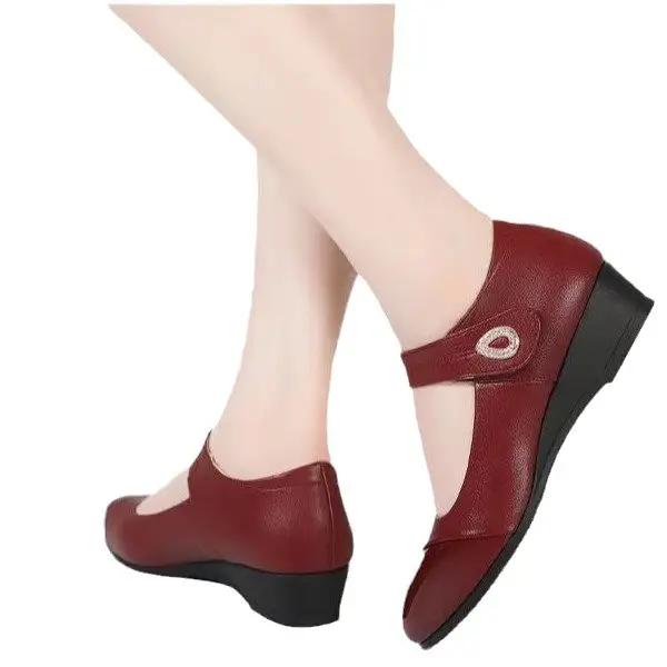 Spring mid heel single-layer shoes women's Velcro women's wedge leather shoes women's round toe soft leather mother's shoes comfortable middle-aged and elderly women's shoes - Image 7