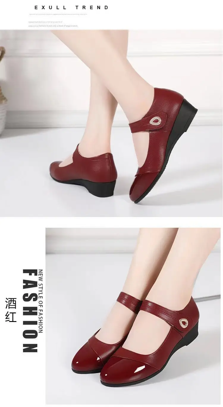 Spring mid heel single-layer shoes women's Velcro women's wedge leather shoes women's round toe soft leather mother's shoes comfortable middle-aged and elderly women's shoes — feature 3