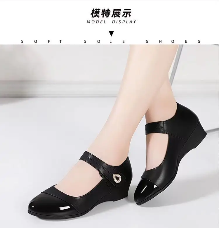Spring mid heel single-layer shoes women's Velcro women's wedge leather shoes women's round toe soft leather mother's shoes comfortable middle-aged and elderly women's shoes — feature 6