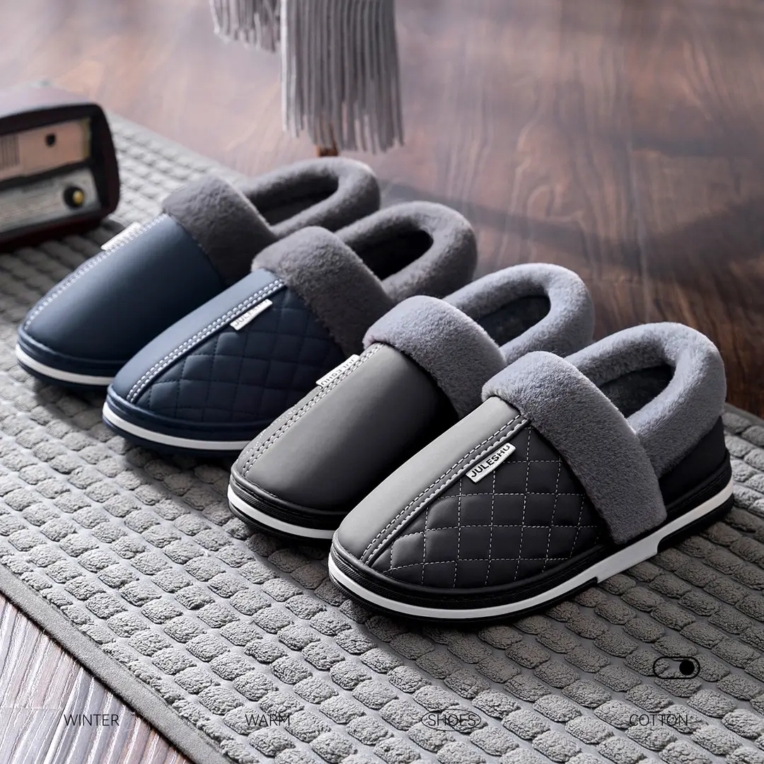Jieliya men's cotton slippers waterproof leather surface winter fleece-lined warm indoor non-slip thick-soled cotton shoes for middle-aged and elderly women - Image 7