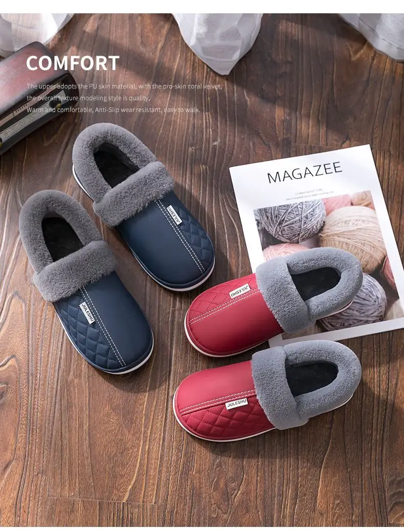 Jieliya men's cotton slippers waterproof leather surface winter fleece-lined warm indoor non-slip thick-soled cotton shoes for middle-aged and elderly women — feature 17