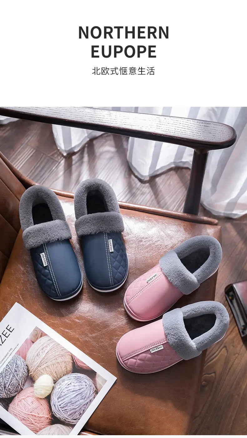 Jieliya men's cotton slippers waterproof leather surface winter fleece-lined warm indoor non-slip thick-soled cotton shoes for middle-aged and elderly women — feature 4