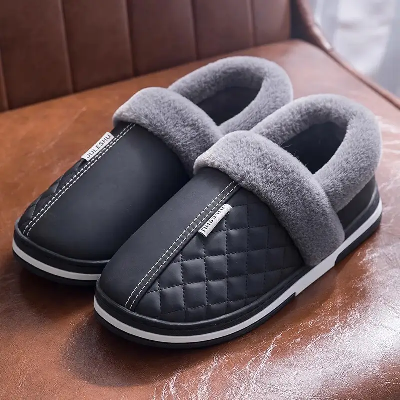 Jieliya men's cotton slippers waterproof leather surface winter fleece-lined warm indoor non-slip thick-soled cotton shoes for middle-aged and elderly women - Image 2