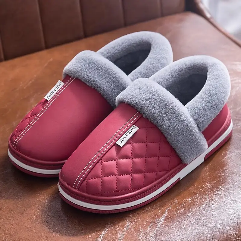Jieliya men's cotton slippers waterproof leather surface winter fleece-lined warm indoor non-slip thick-soled cotton shoes for middle-aged and elderly women - Image 3