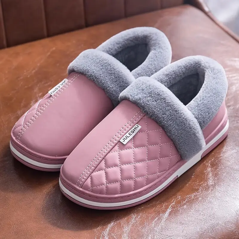Jieliya men's cotton slippers waterproof leather surface winter fleece-lined warm indoor non-slip thick-soled cotton shoes for middle-aged and elderly women - Image 4