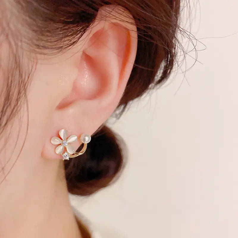 Japanese & Korean Fashion Small Cat's Eye Pearl Earrings Women Silver - Image 2