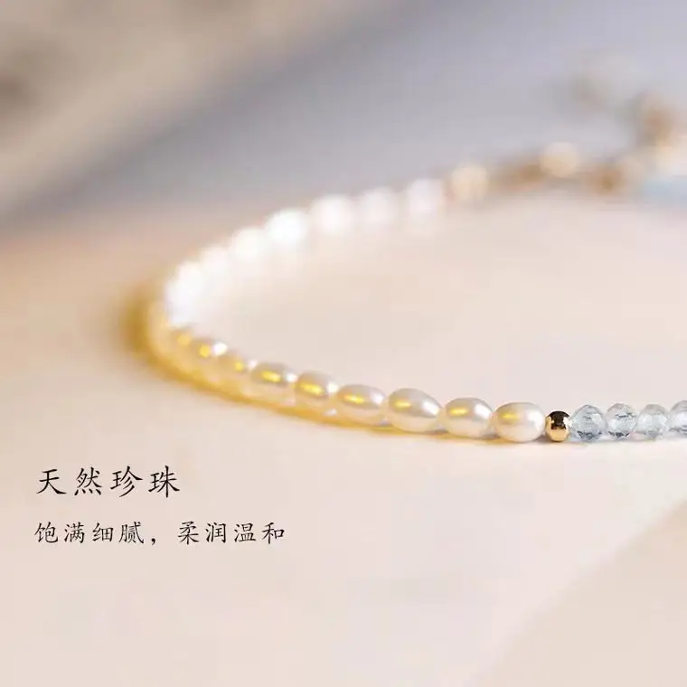 Natural Pearl Aquamarine Bracelet Women Light Blue Rice Grain Small Pearl - Image 3