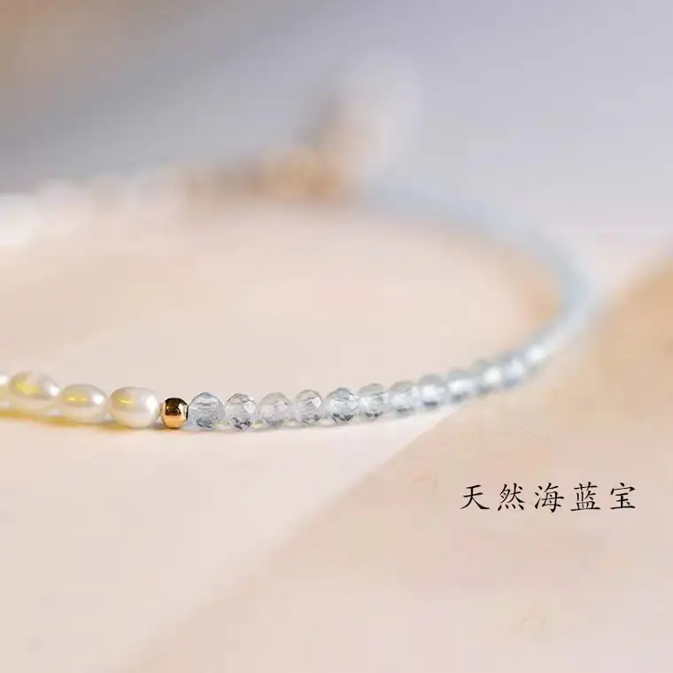 Natural Pearl Aquamarine Bracelet Women Light Blue Rice Grain Small Pearl - Image 4