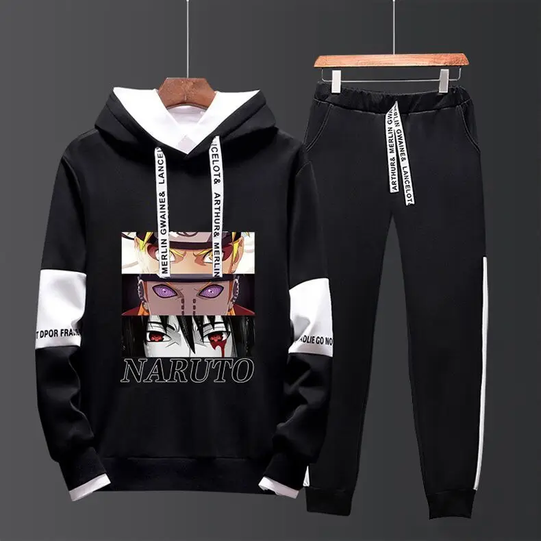 Men Black Graphic Hoodie Sweatpants Set Casual Winter Suit