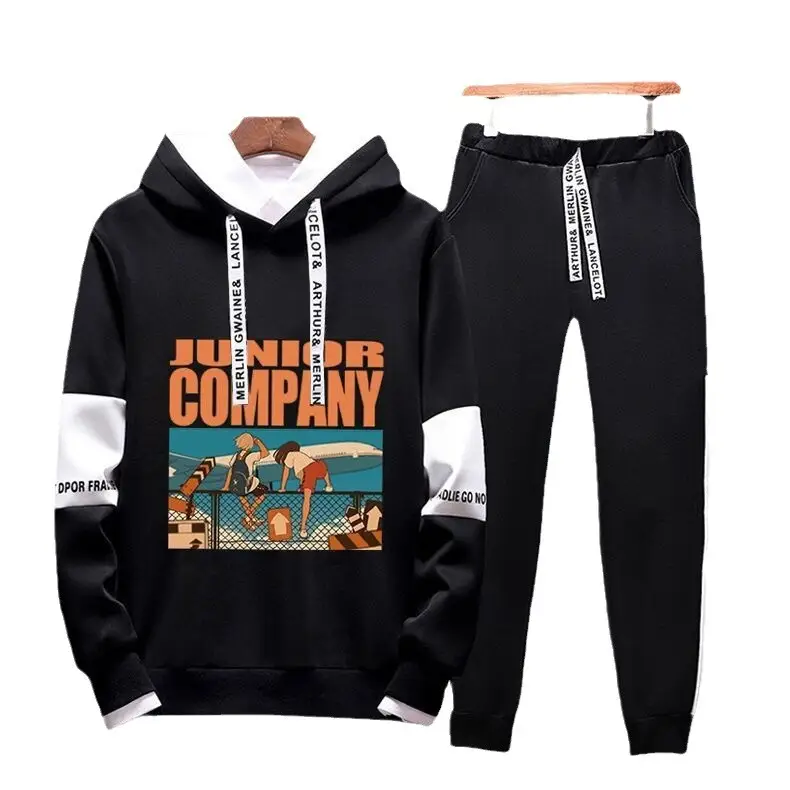 Men Black Graphic Hoodie Sweatpants Set Casual Winter Suit