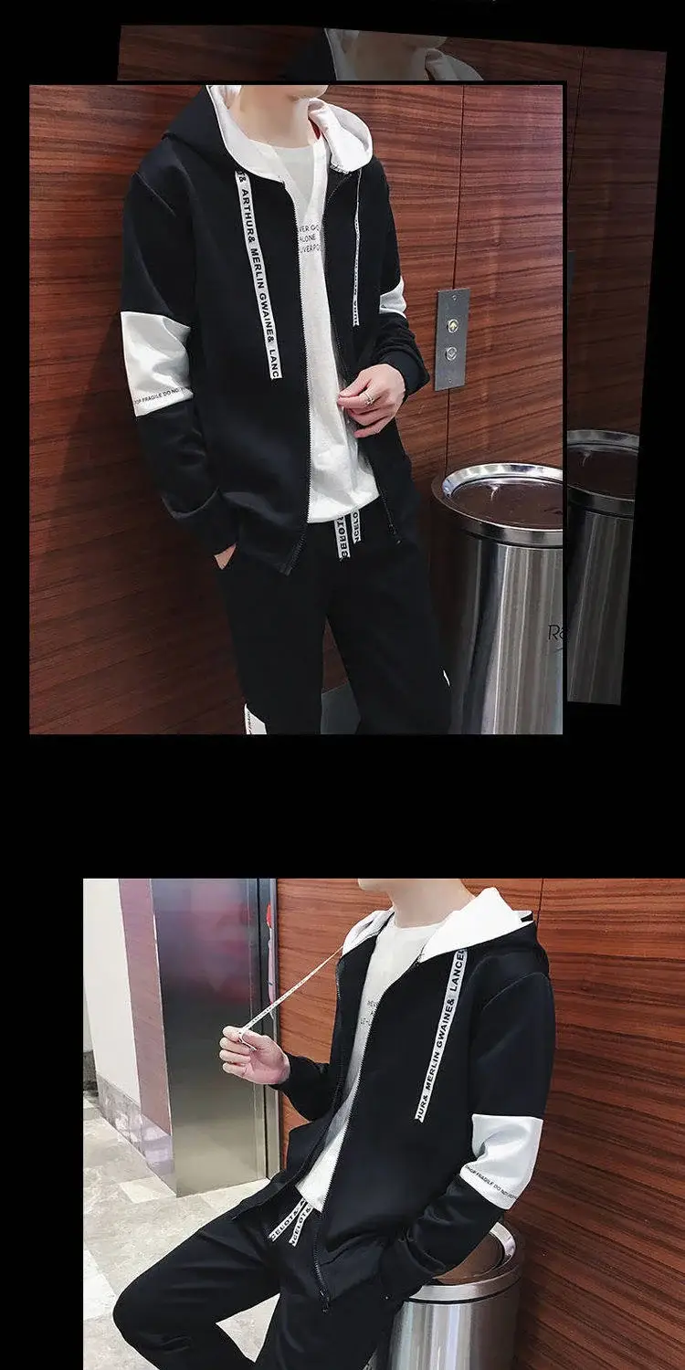 Men Black Graphic Hoodie Sweatpants Set Casual Winter Suit — feature 1