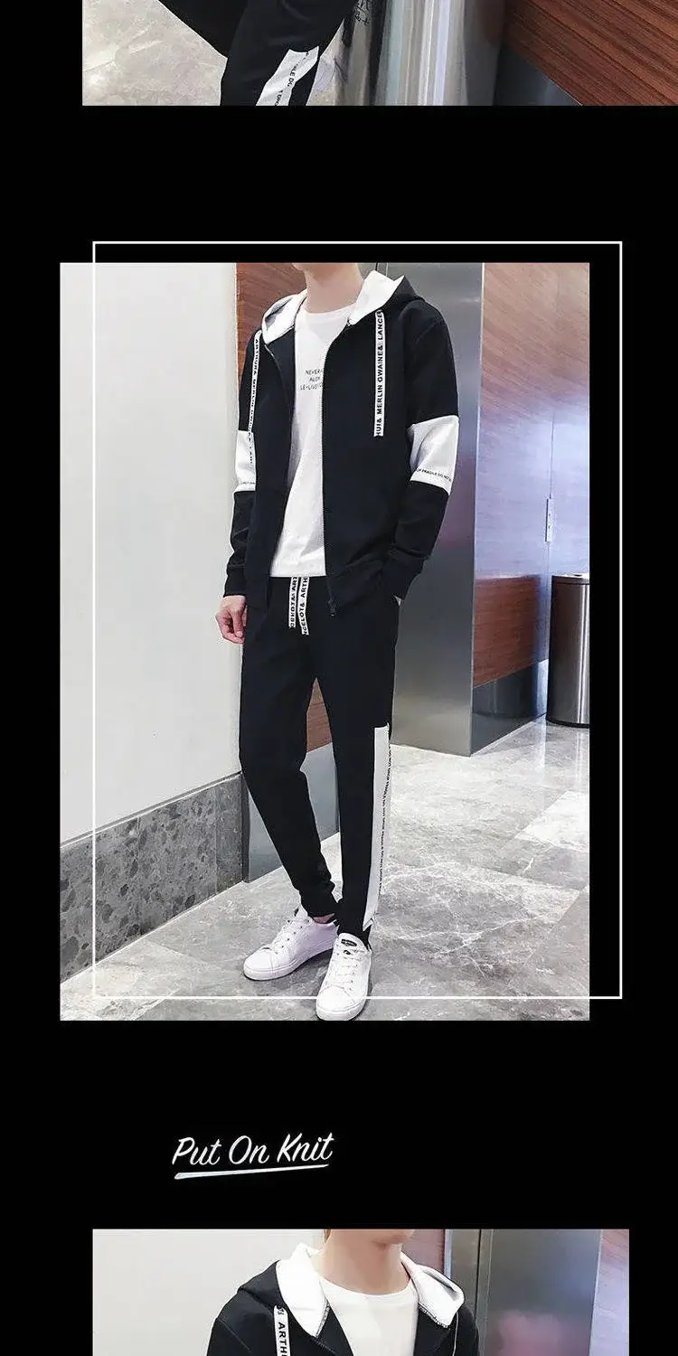 Men Black Graphic Hoodie Sweatpants Set Casual Winter Suit — feature 6