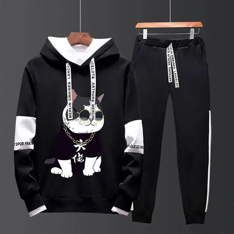 Men Black Graphic Hoodie Sweatpants Set Casual Winter Suit