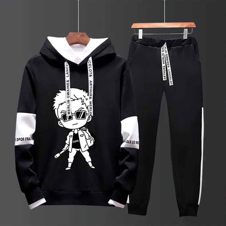 Men Black Graphic Hoodie Sweatpants Set Casual Winter Suit