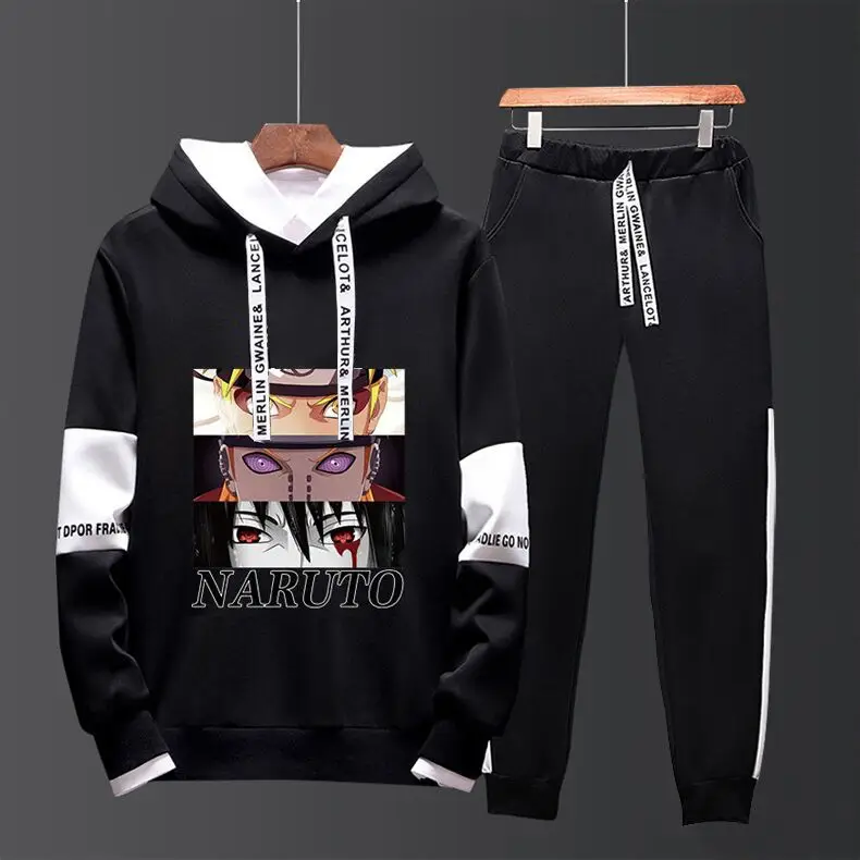 Men Black Graphic Hoodie Sweatpants Set Casual Winter Suit