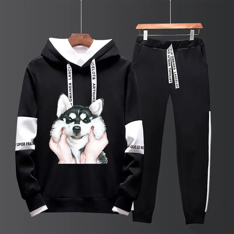 Men Black Graphic Hoodie Sweatpants Set Casual Winter Suit