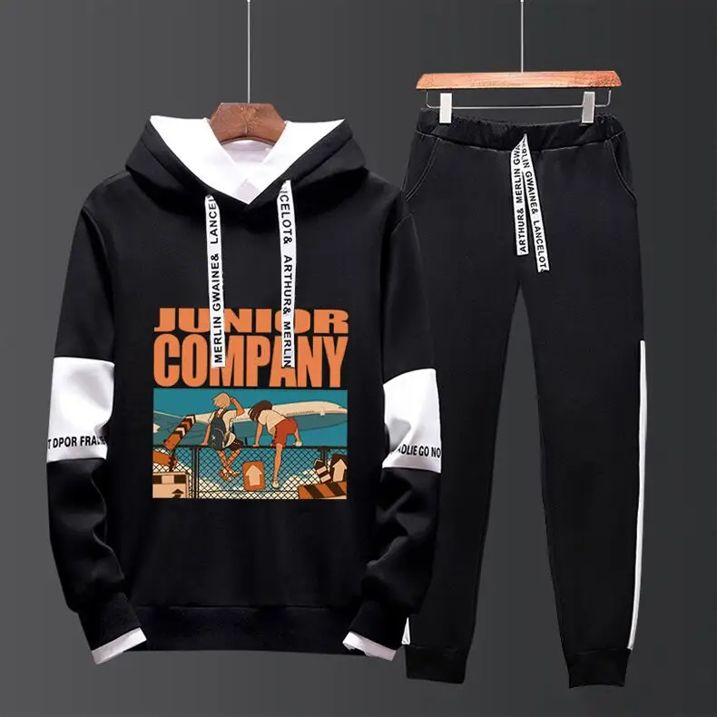 Men Black Graphic Hoodie Sweatpants Set Casual Winter Suit
