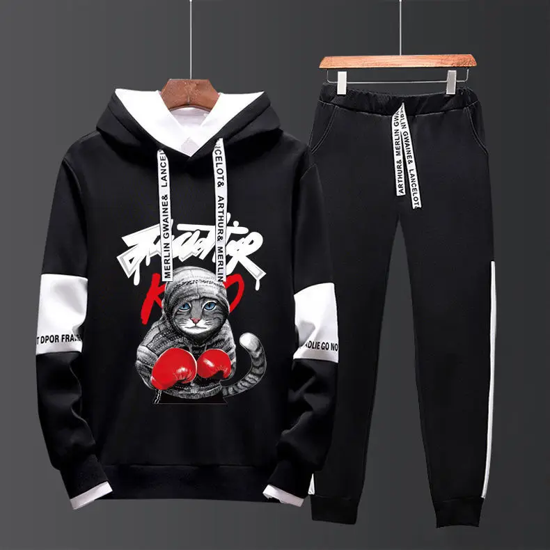 Men Black Graphic Hoodie Sweatpants Set Casual Winter Suit