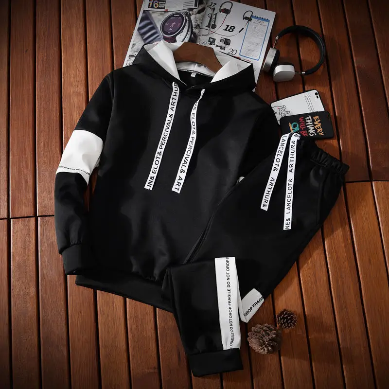 Men Black Graphic Hoodie Sweatpants Set Casual Winter Suit
