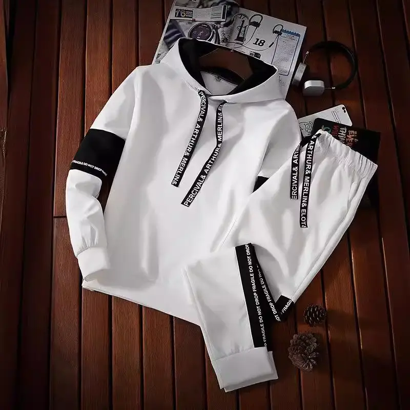 Men Black Graphic Hoodie Sweatpants Set Casual Winter Suit