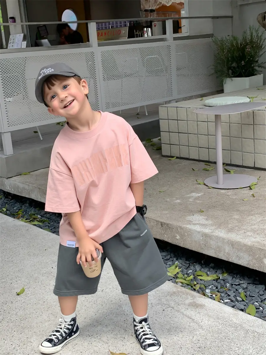 2025 Boys Short Sleeve T-Shirt Beige Casual Summer