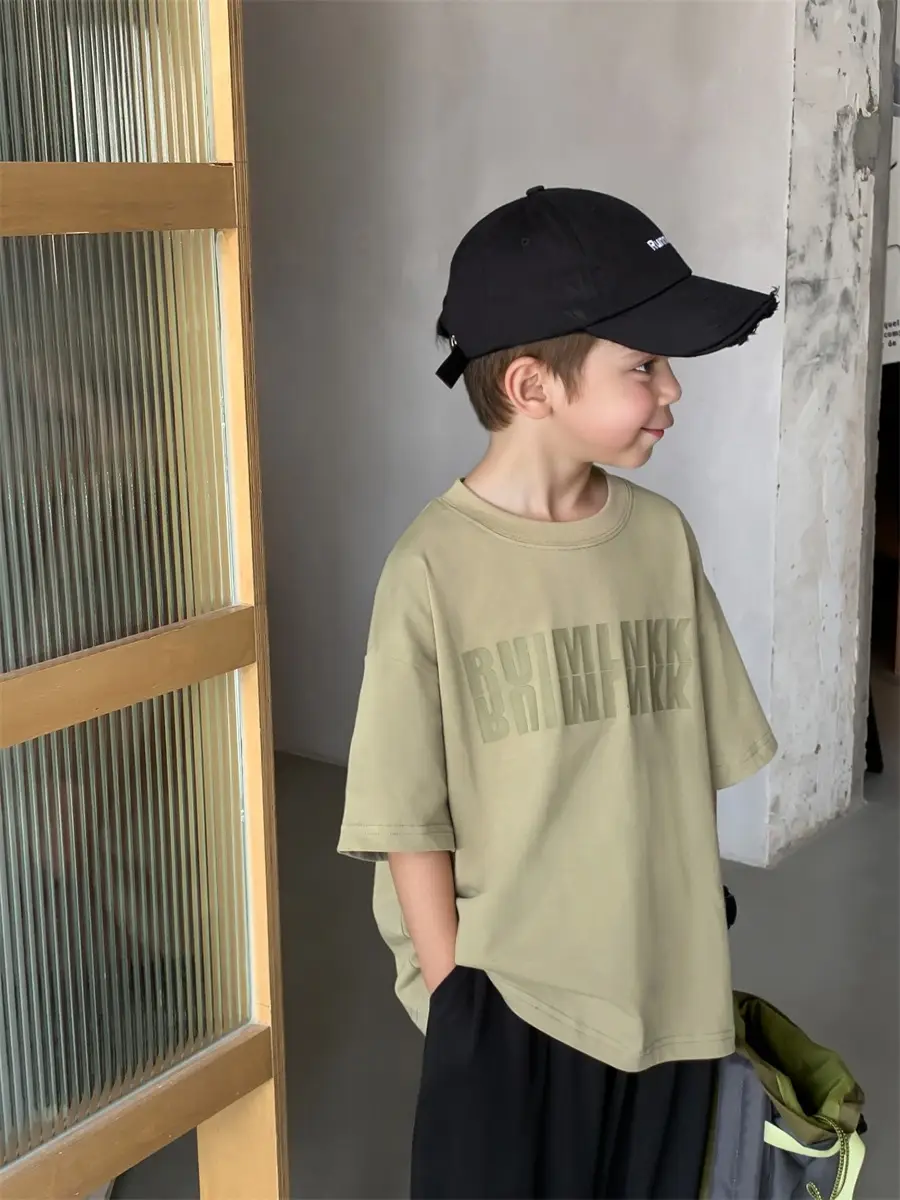 2025 Boys Short Sleeve T-Shirt Beige Casual Summer
