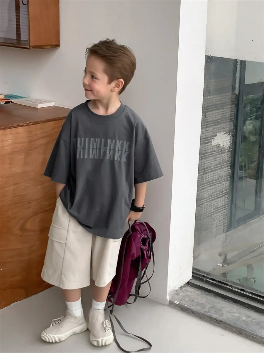 2025 Boys Short Sleeve T-Shirt Beige Casual Summer
