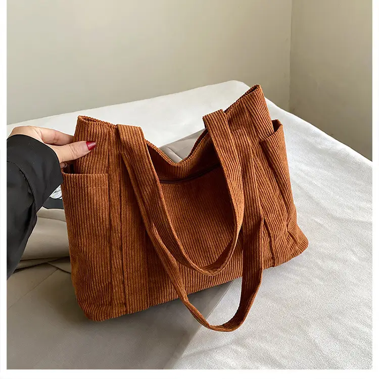 Women Striped Flannel Shoulder Bag Brown 2024 - Image 3
