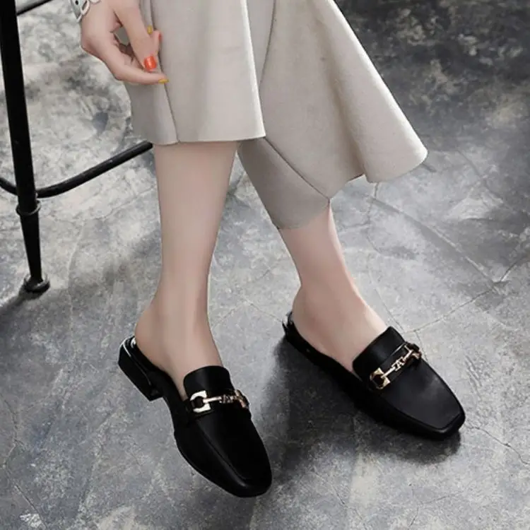 2024 Spring and Summer New Fashionable All-match Outer Wear Chunky Heel Lazy Shoes Soft Sole Non-slip Leather Top Half Slippers Women's Shoes