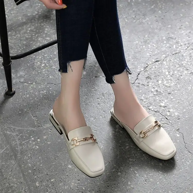 2024 Spring and Summer New Fashionable All-match Outer Wear Chunky Heel Lazy Shoes Soft Sole Non-slip Leather Top Half Slippers Women's Shoes