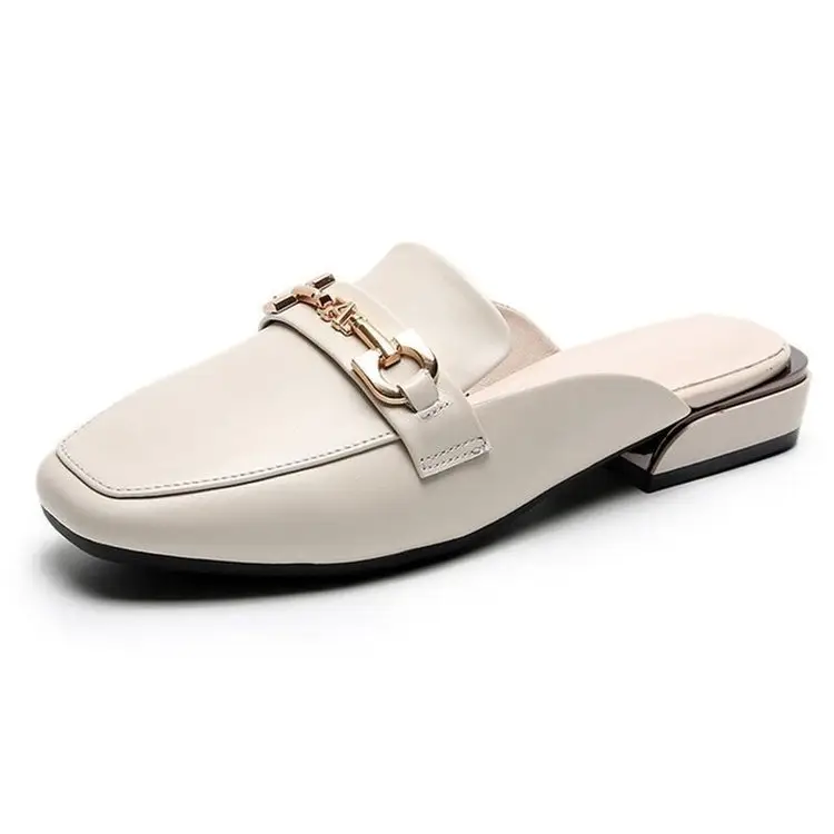 2024 Spring and Summer New Fashionable All-match Outer Wear Chunky Heel Lazy Shoes Soft Sole Non-slip Leather Top Half Slippers Women's Shoes