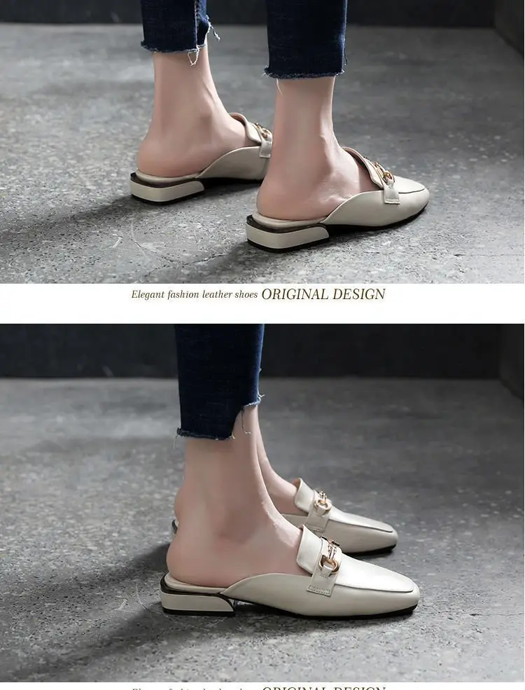 2024 Spring and Summer New Fashionable All-match Outer Wear Chunky Heel Lazy Shoes Soft Sole Non-slip Leather Top Half Slippers Women's Shoes — feature 3