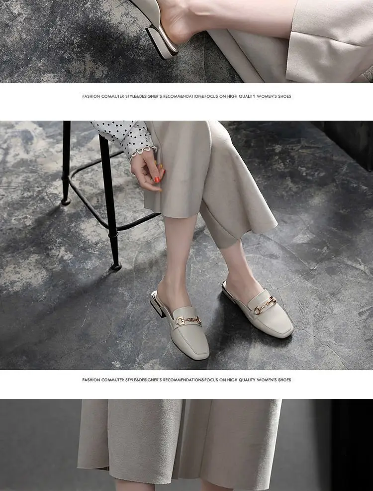 2024 Spring and Summer New Fashionable All-match Outer Wear Chunky Heel Lazy Shoes Soft Sole Non-slip Leather Top Half Slippers Women's Shoes — feature 5