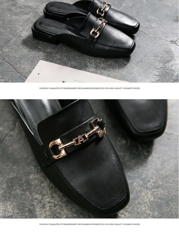 2024 Spring and Summer New Fashionable All-match Outer Wear Chunky Heel Lazy Shoes Soft Sole Non-slip Leather Top Half Slippers Women's Shoes — feature 8
