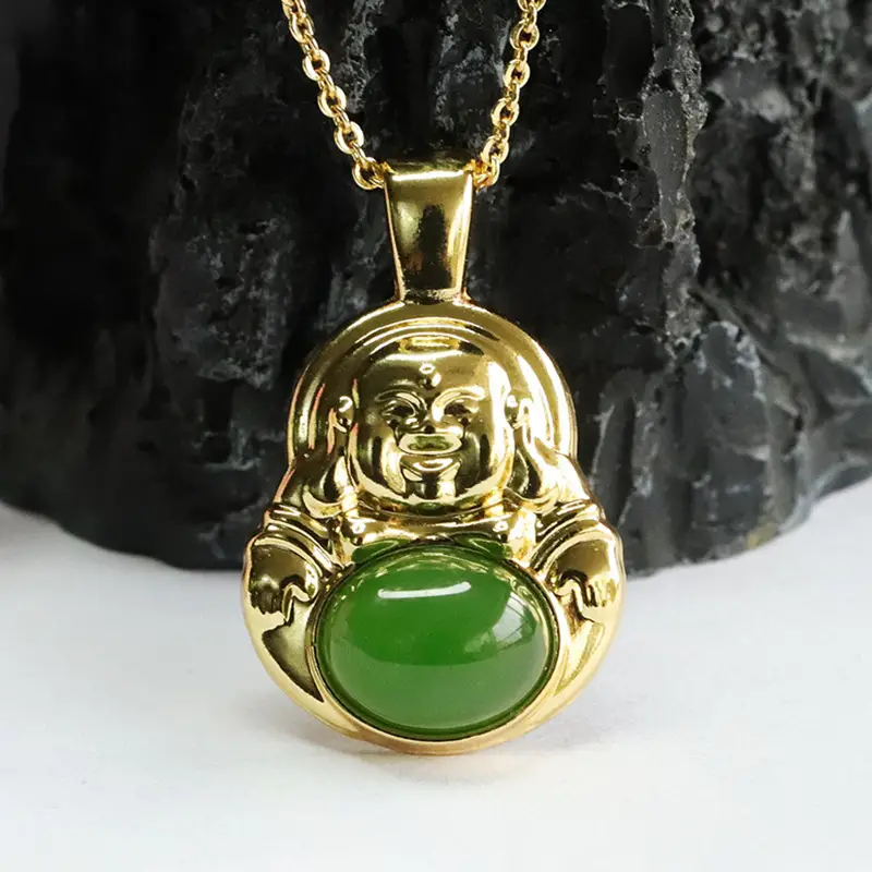 Guan Yu Jade Buddha Necklace with Emerald Stone