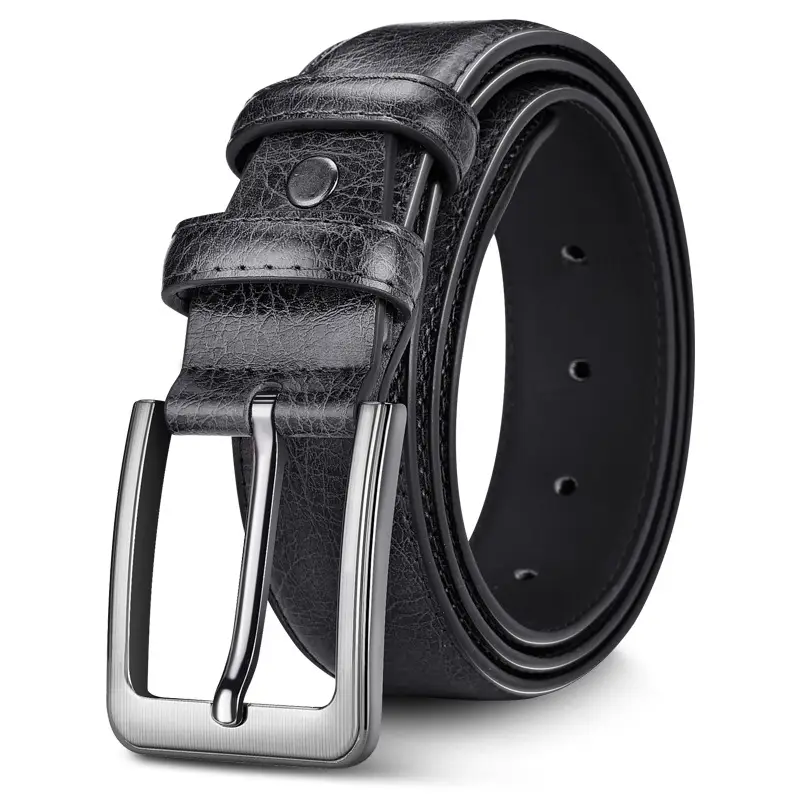 Men's Black Leather Belt with Silver Buckle - Image 2