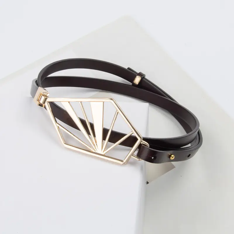 Black Geometric Gold Metal Belt for Women