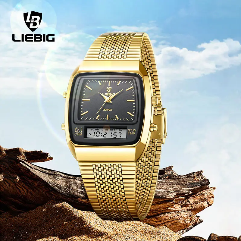 Gold Mesh Watch for Men with Digital Display - Image 5