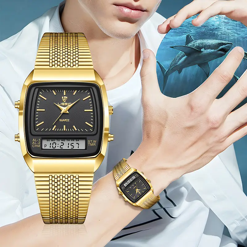 Gold Mesh Watch for Men with Digital Display - Image 7