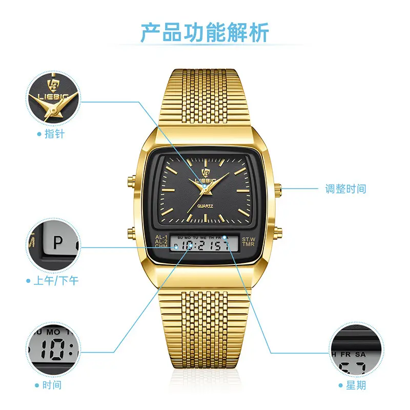 Gold Mesh Watch for Men with Digital Display - Image 8