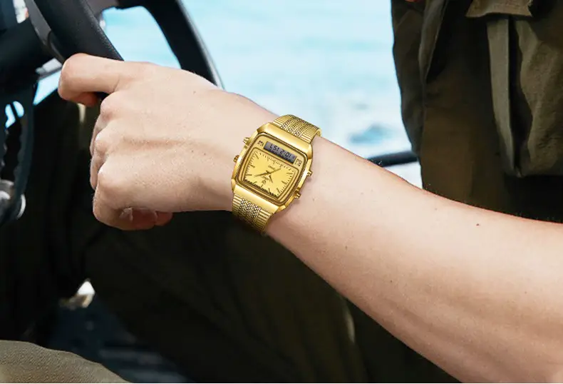 Gold Mesh Watch for Men with Digital Display — feature 13