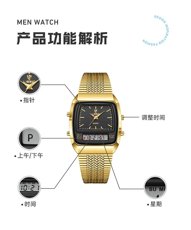 Gold Mesh Watch for Men with Digital Display — feature 15