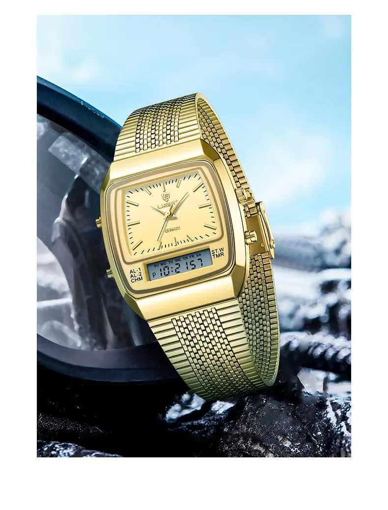 Gold Mesh Watch for Men with Digital Display — feature 9