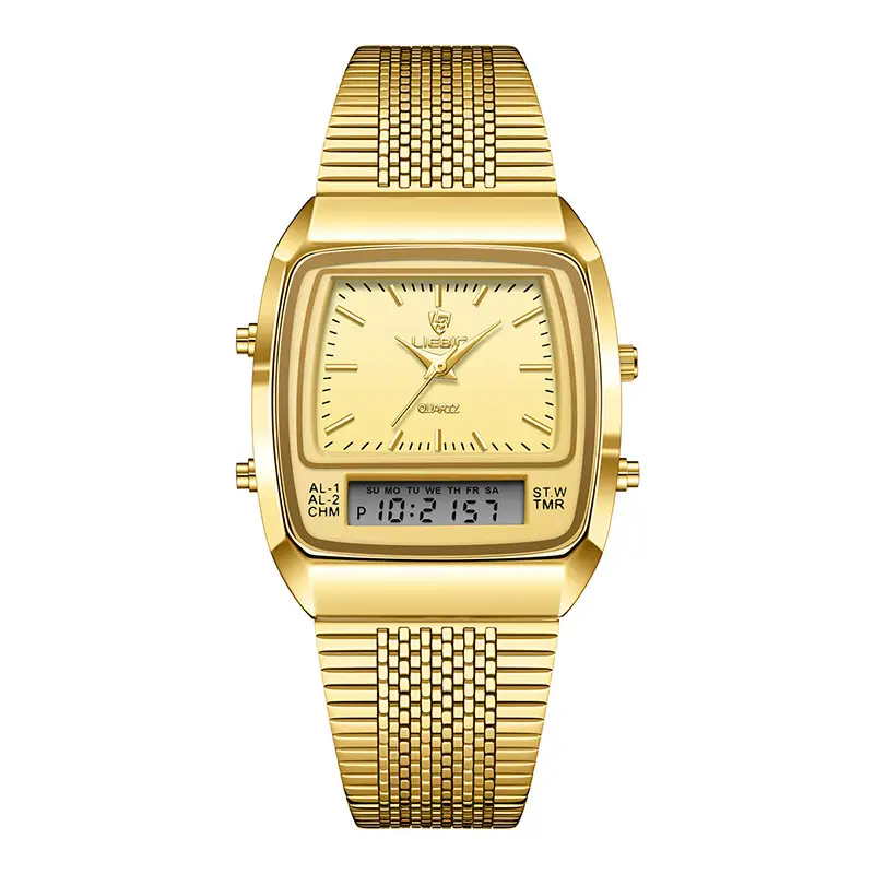 Gold Mesh Watch for Men with Digital Display - Image 2