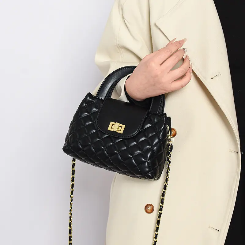 Black Embroidered Rhombus Chain Bag for Women - Image 6