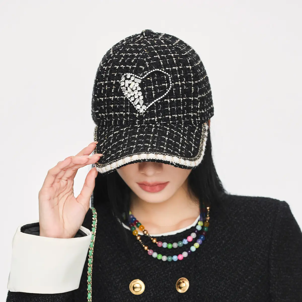 Women's Black Embroidered Baseball Cap with Heart Design