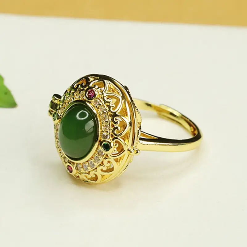 Jasper Green Jade Ring with Gold Plated Design